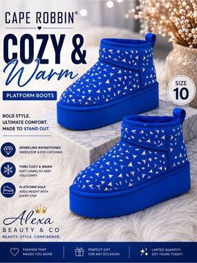 Cape Robbin Bright Blue Kids Platform Cozy Boots with Rhinestones